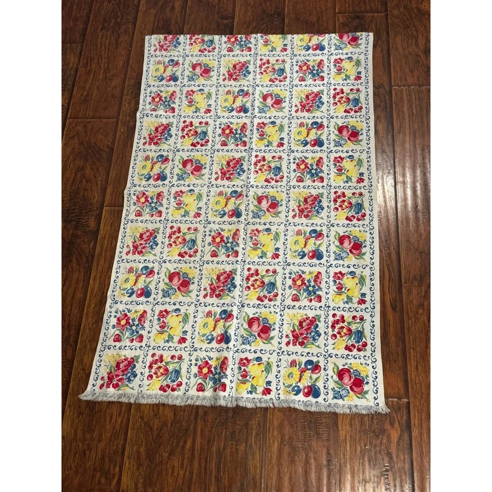 Vintage Fruit Floral Tile Print‎ Fringed Linen Kitchen Towel Table Runner 47x29